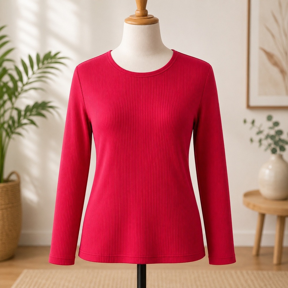 NWOT Fashion Bug Ribbed Knit Top Medium Red Long Sleeve Crew Neck Cotton Blend